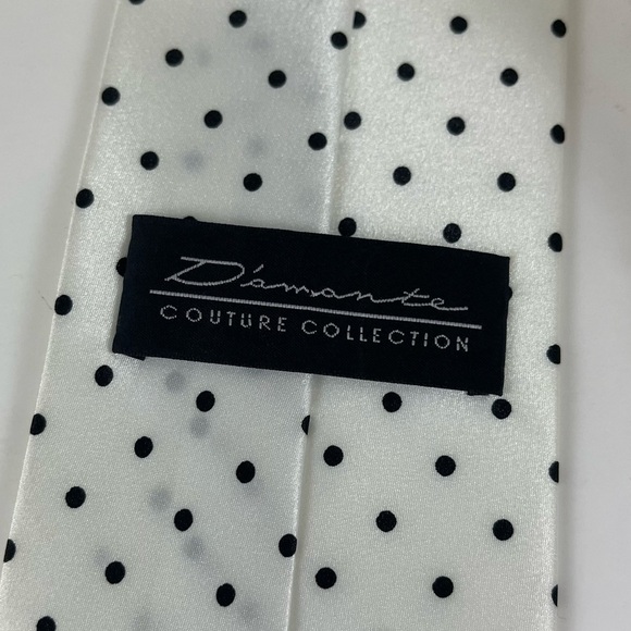 D'Amante Couture Mens Tie Necktie White Black Small Polka Dots - Picture 5 of 5